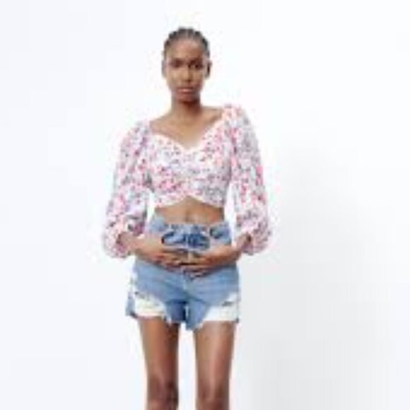 Zara White Colorful Floral Fairy Boho Smocked Tie Back Linen Blend Crop Top - Picture 7 of 12